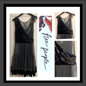 Free People Beaded Detail Tulle Velvet Dress in Grey Size S